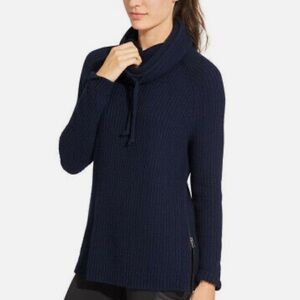 Athleta Women’s Large Borealis Cowl Neck side zip chunky blue sweater size